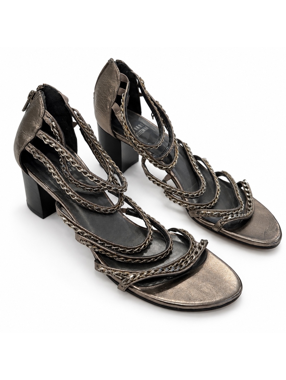 Stuart Weitzman Metallic Chain Strap Block Heel Sandals 8.5